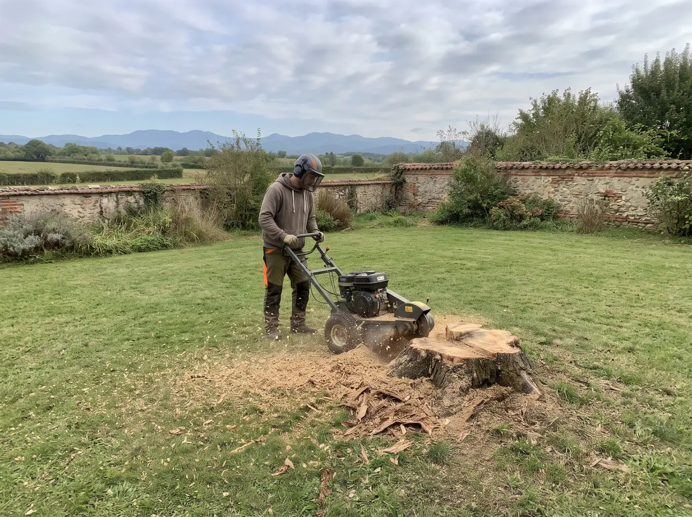 Rognage d'une souche à la rogneuse